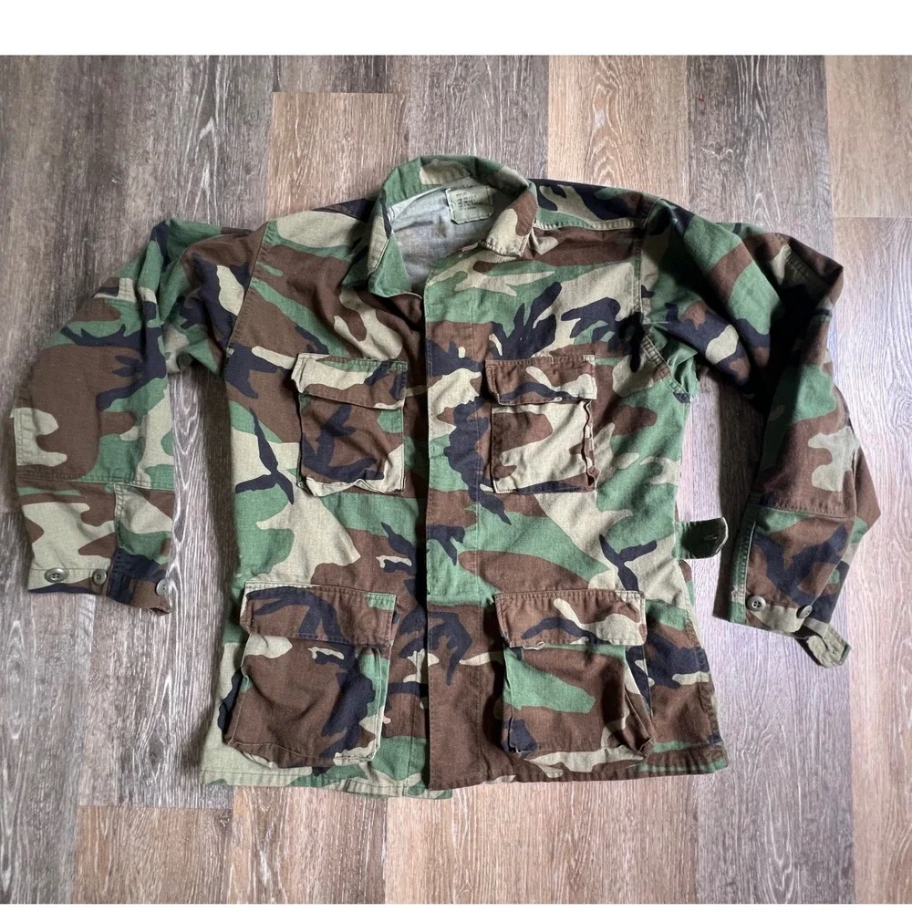 Military BDU Field Jacket Mens Medium Long Green Woodland Camo Combat Coat
